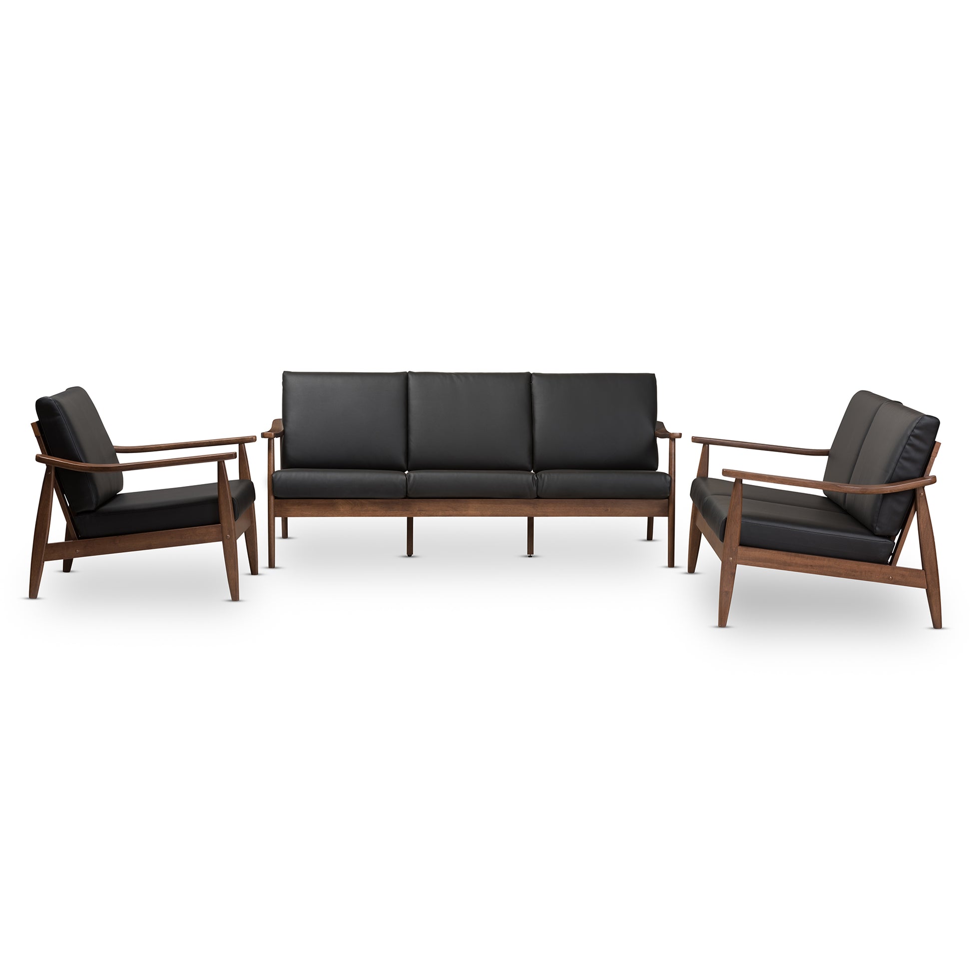 Baxton Studio Venza Mid-Century Modern Walnut Wood Black Faux Leather 3-Piece Livingroom Set | Sofas | Modishstore