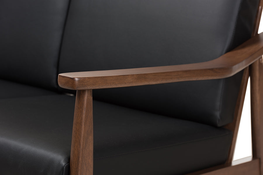 Baxton Studio Venza Mid-Century Modern Walnut Wood Black Faux Leather 3-Piece Livingroom Set | Sofas | Modishstore - 9