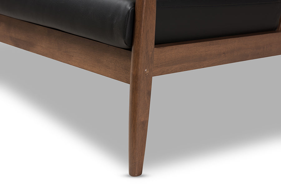 Baxton Studio Venza Mid-Century Modern Walnut Wood Black Faux Leather 3-Piece Livingroom Set | Sofas | Modishstore - 7