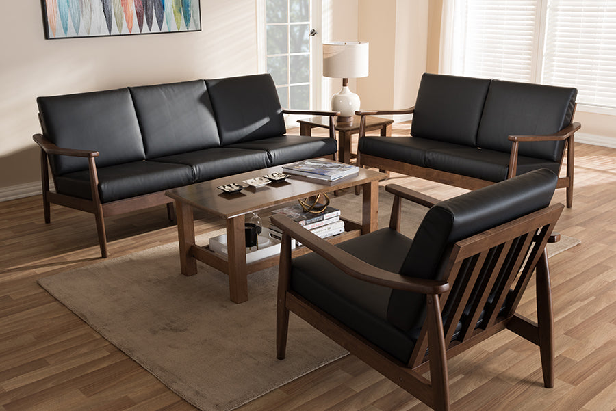 Baxton Studio Venza Mid-Century Modern Walnut Wood Black Faux Leather 3-Piece Livingroom Set | Sofas | Modishstore - 2