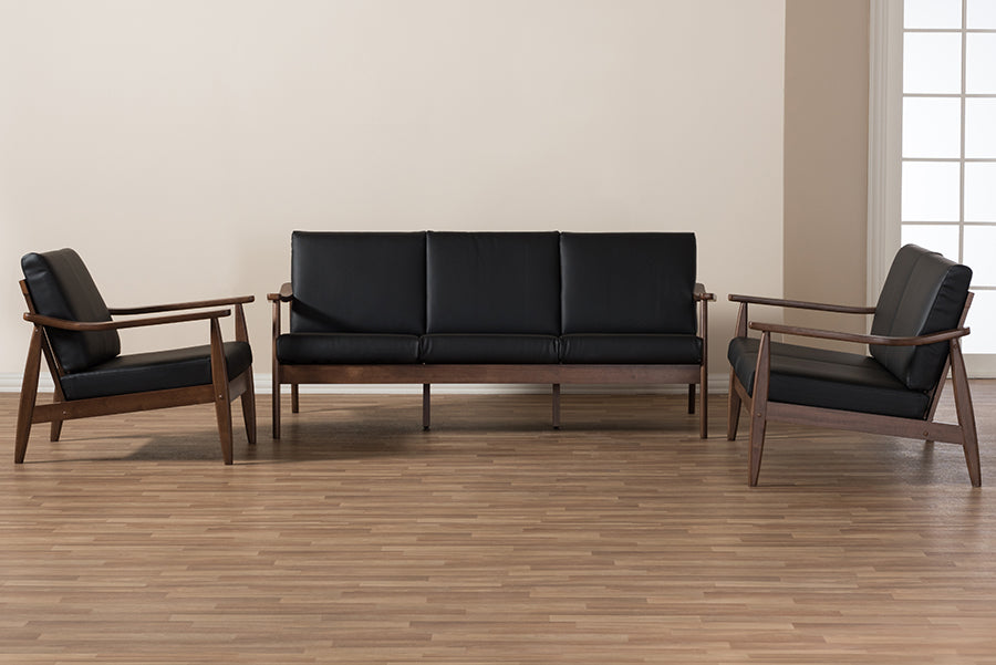 Baxton Studio Venza Mid-Century Modern Walnut Wood Black Faux Leather 3-Piece Livingroom Set | Sofas | Modishstore - 4
