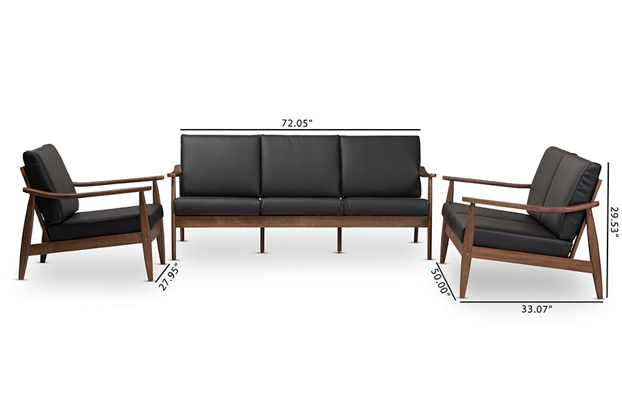 Baxton Studio Venza Mid-Century Modern Walnut Wood Black Faux Leather 3-Piece Livingroom Set | Sofas | Modishstore - 6