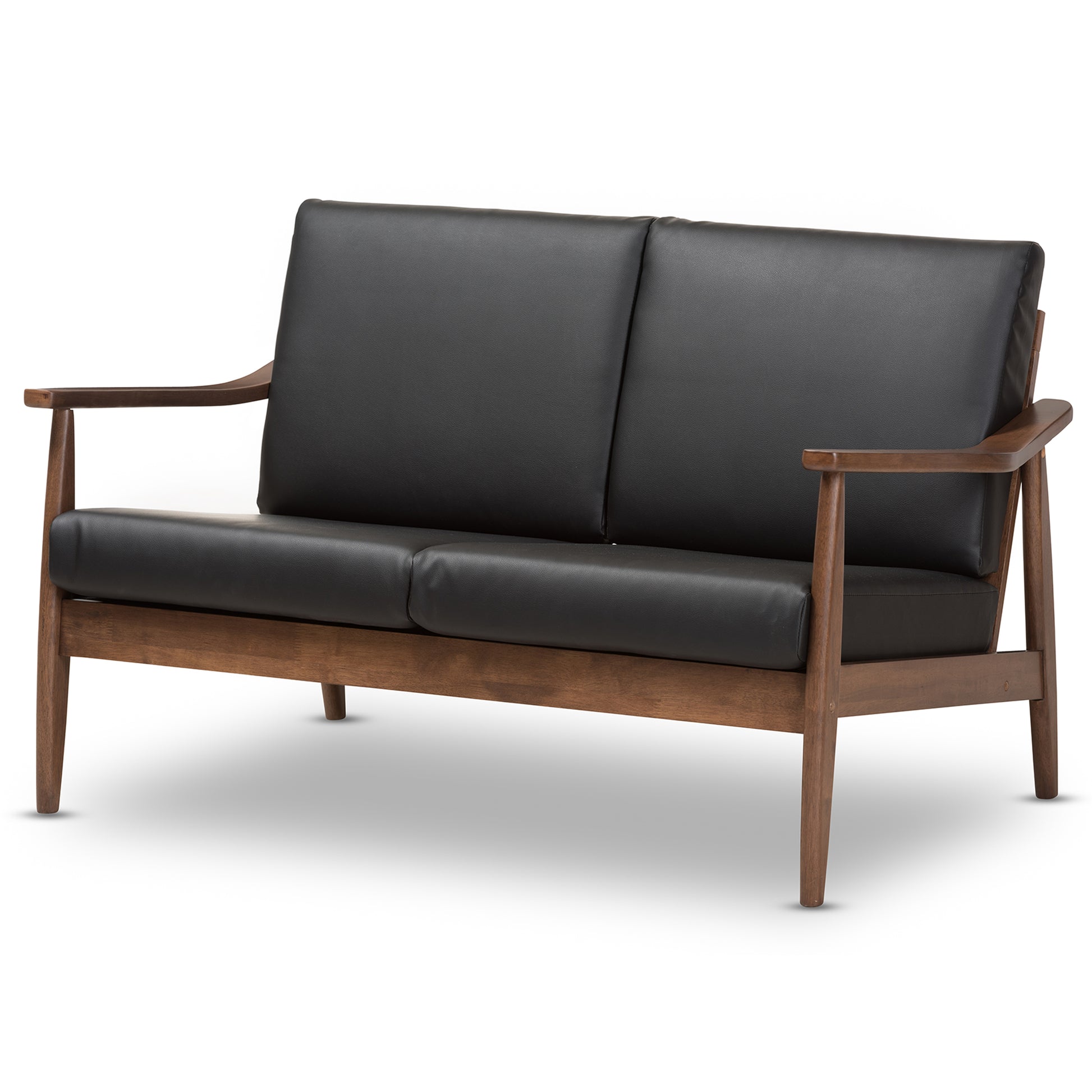 Baxton Studio Venza Mid-Century Modern Walnut Wood Black Faux Leather 2-Seater Loveseat | Loveseats | Modishstore - 3