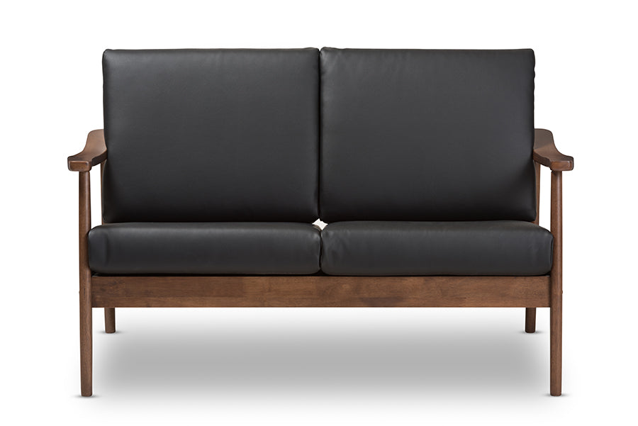 Baxton Studio Venza Mid-Century Modern Walnut Wood Black Faux Leather 3-Piece Livingroom Set | Sofas | Modishstore - 13