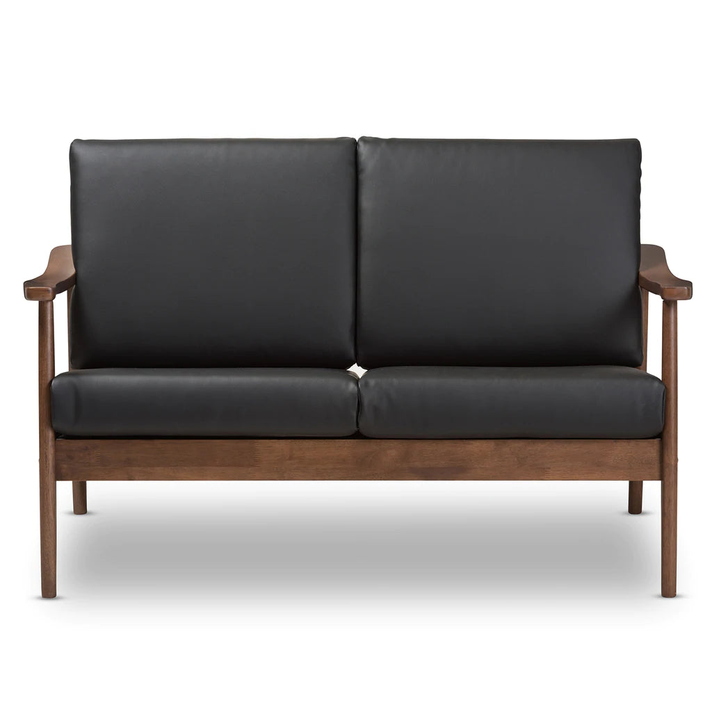 Baxton Studio Venza Mid-Century Modern Walnut Wood Black Faux Leather 2-Seater Loveseat | Loveseats | Modishstore - 4