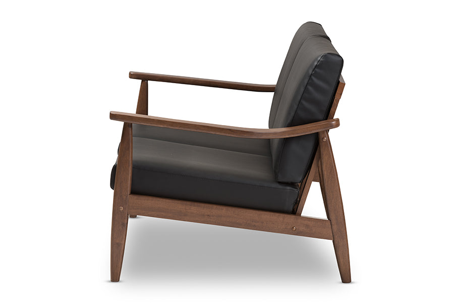 Baxton Studio Venza Mid-Century Modern Walnut Wood Black Faux Leather 3-Piece Livingroom Set | Sofas | Modishstore - 12