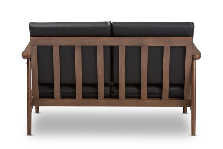 Baxton Studio Venza Mid-Century Modern Walnut Wood Black Faux Leather 3-Piece Livingroom Set | Sofas | Modishstore - 11