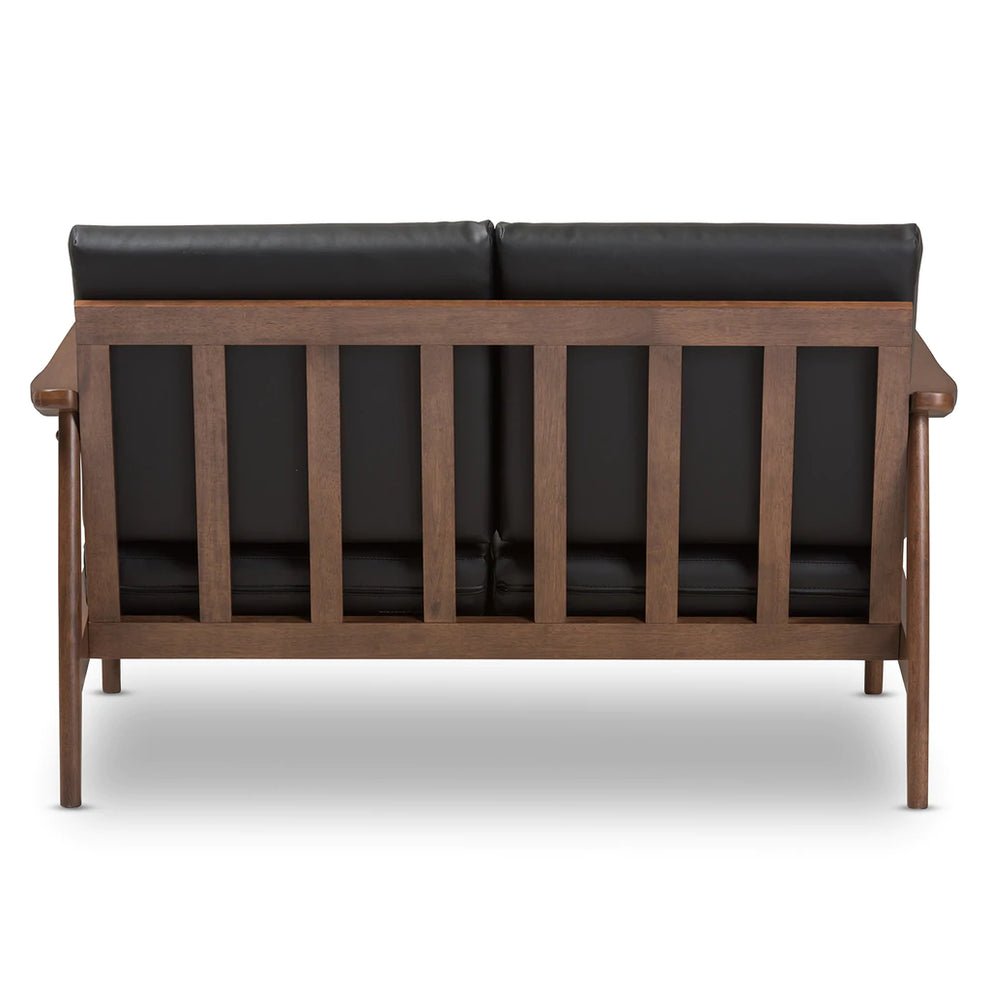 Baxton Studio Venza Mid-Century Modern Walnut Wood Black Faux Leather 2-Seater Loveseat | Loveseats | Modishstore - 5
