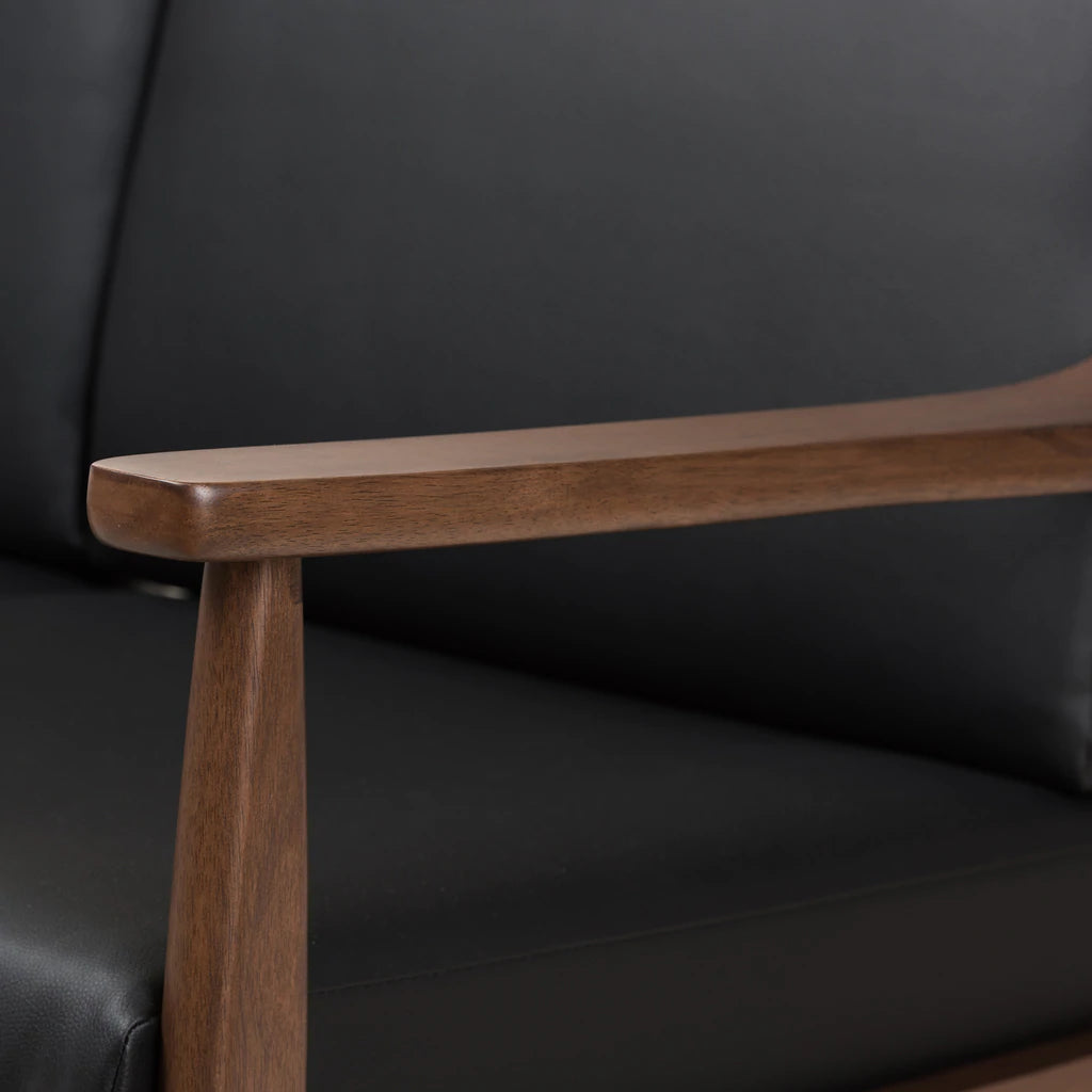 Baxton Studio Venza Mid-Century Modern Walnut Wood Black Faux Leather 2-Seater Loveseat | Loveseats | Modishstore - 7