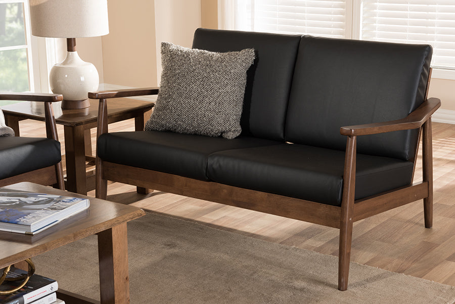 Baxton Studio Venza Mid-Century Modern Walnut Wood Black Faux Leather 3-Piece Livingroom Set | Sofas | Modishstore - 3