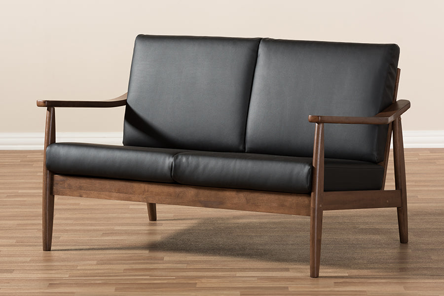Baxton Studio Venza Mid-Century Modern Walnut Wood Black Faux Leather 3-Piece Livingroom Set | Sofas | Modishstore - 5