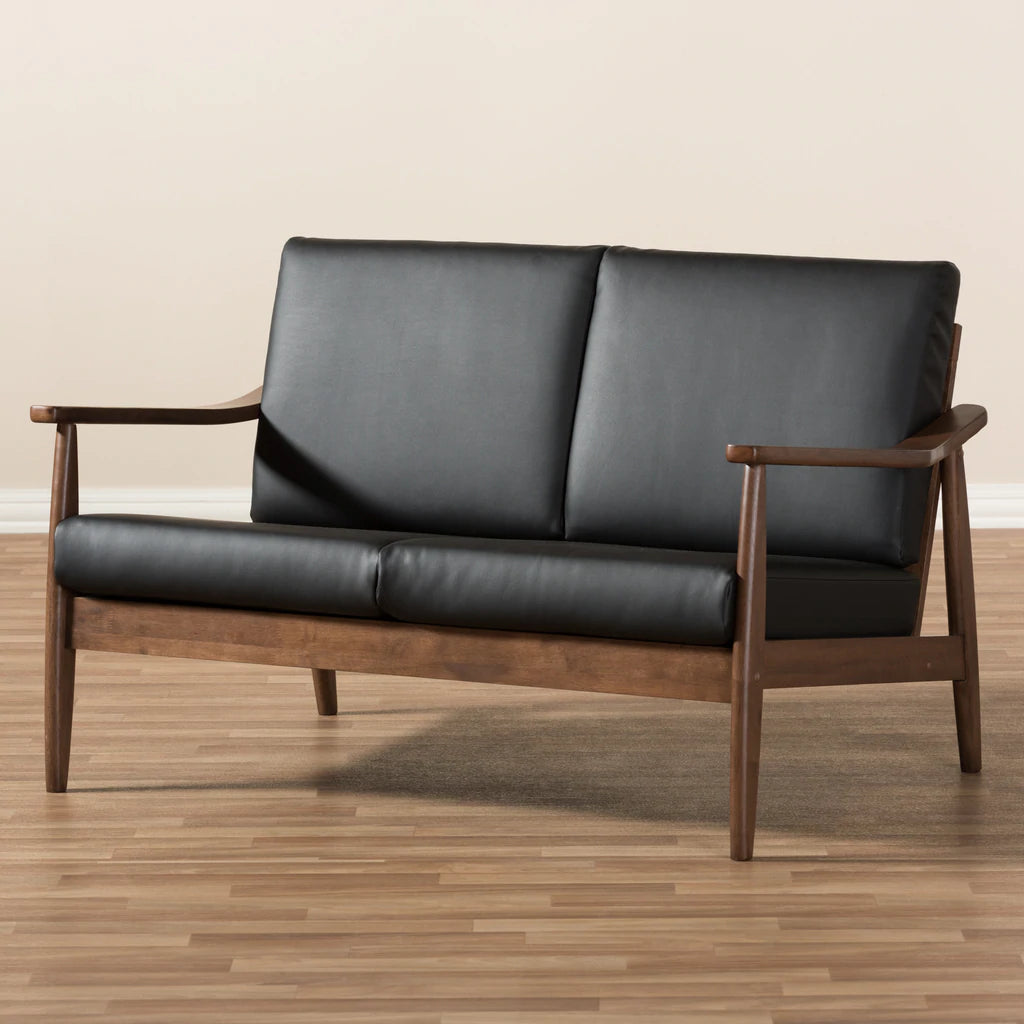 Baxton Studio Venza Mid-Century Modern Walnut Wood Black Faux Leather 2-Seater Loveseat | Loveseats | Modishstore - 2