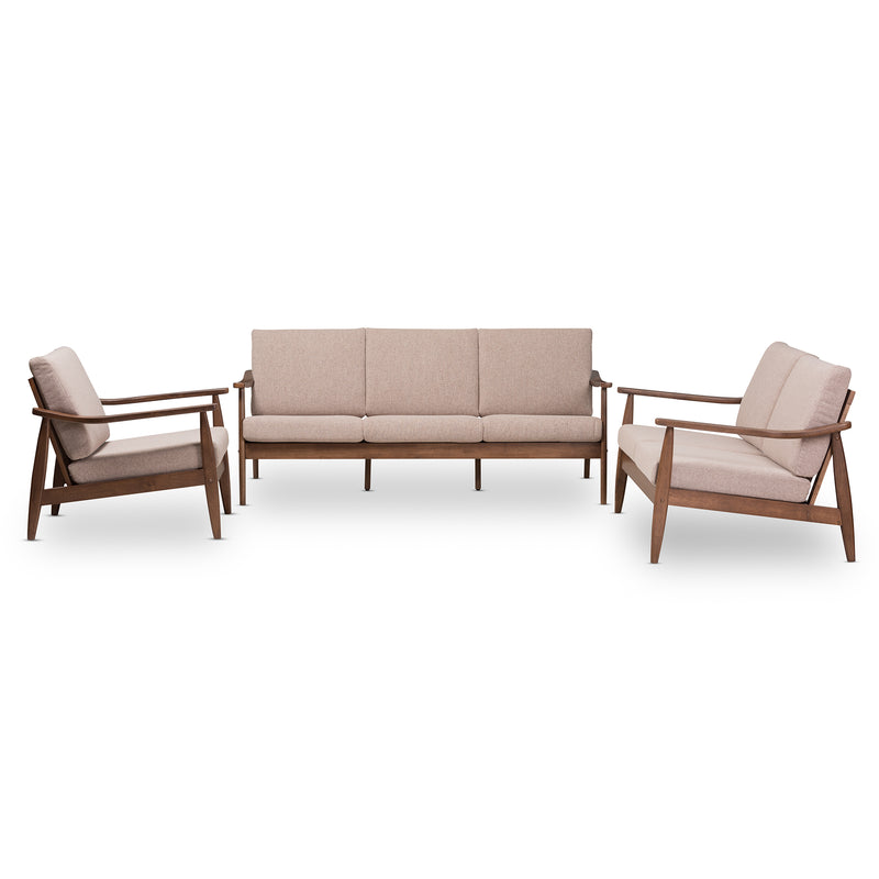 Baxton Studio Venza Mid-Century Modern Walnut Wood Light Brown Fabric Upholstered 3-Piece Livingroom Set | Sofas | Modishstore