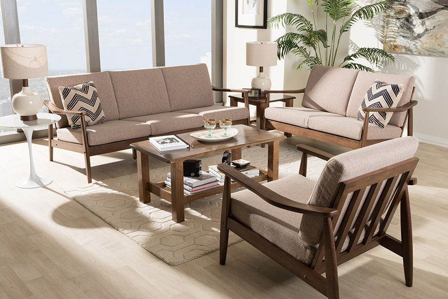 Baxton Studio Venza Mid-Century Modern Walnut Wood Light Brown Fabric Upholstered 3-Piece Livingroom Set | Sofas | Modishstore - 2