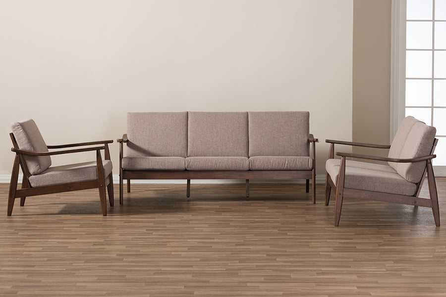Baxton Studio Venza Mid-Century Modern Walnut Wood Light Brown Fabric Upholstered 3-Piece Livingroom Set | Sofas | Modishstore - 4