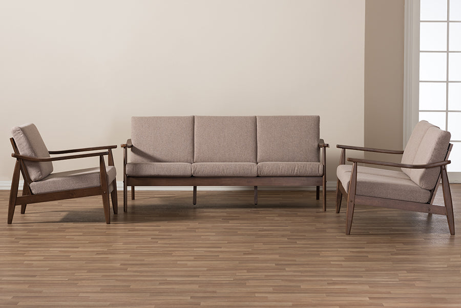 Baxton Studio Venza Mid-Century Modern Walnut Wood Light Brown Fabric Upholstered 3-Piece Livingroom Set | Sofas | Modishstore - 4