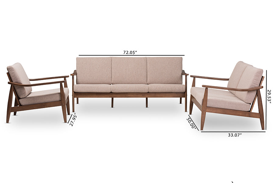 Baxton Studio Venza Mid-Century Modern Walnut Wood Light Brown Fabric Upholstered 3-Piece Livingroom Set | Sofas | Modishstore - 6