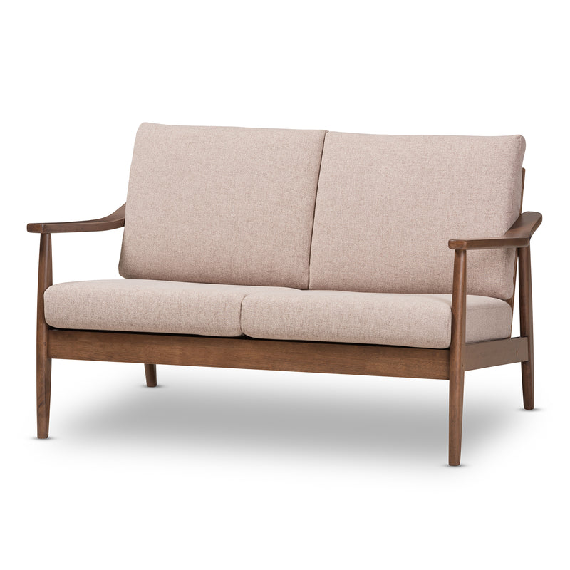 Baxton Studio Venza Mid-Century Modern Walnut Wood Light Brown Fabric Upholstered 2-Seater Loveseat | Loveseats | Modishstore - 2