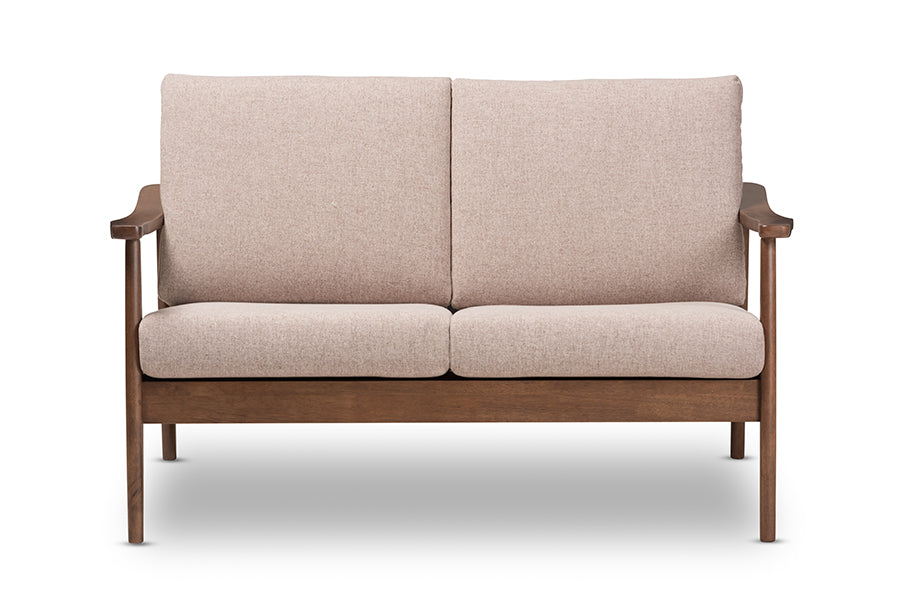 Baxton Studio Venza Mid-Century Modern Walnut Wood Light Brown Fabric Upholstered 3-Piece Livingroom Set | Sofas | Modishstore - 11