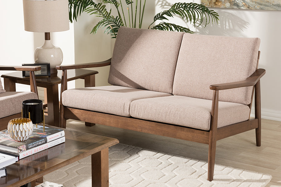 Baxton Studio Venza Mid-Century Modern Walnut Wood Light Brown Fabric Upholstered 3-Piece Livingroom Set | Sofas | Modishstore - 3
