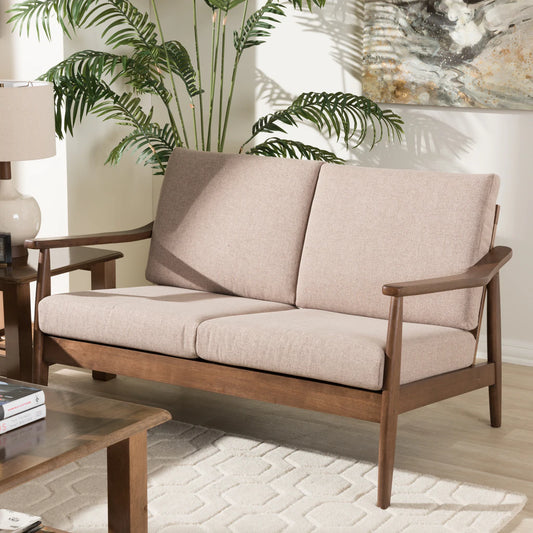 Baxton Studio Venza Mid-Century Modern Walnut Wood Light Brown Fabric Upholstered 2-Seater Loveseat | Loveseats | Modishstore
