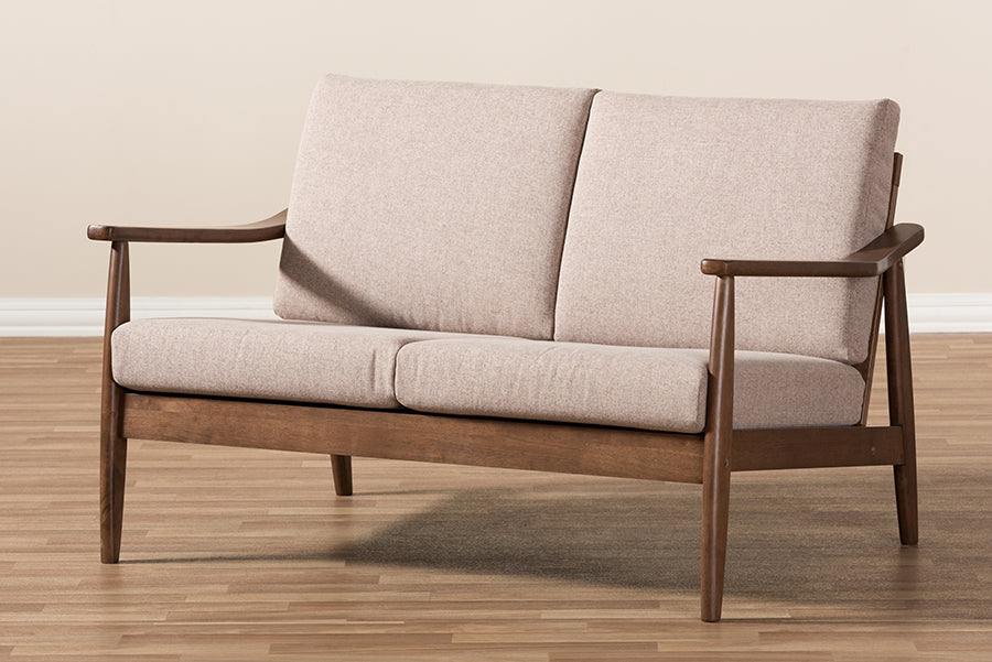 Baxton Studio Venza Mid-Century Modern Walnut Wood Light Brown Fabric Upholstered 3-Piece Livingroom Set | Sofas | Modishstore - 5