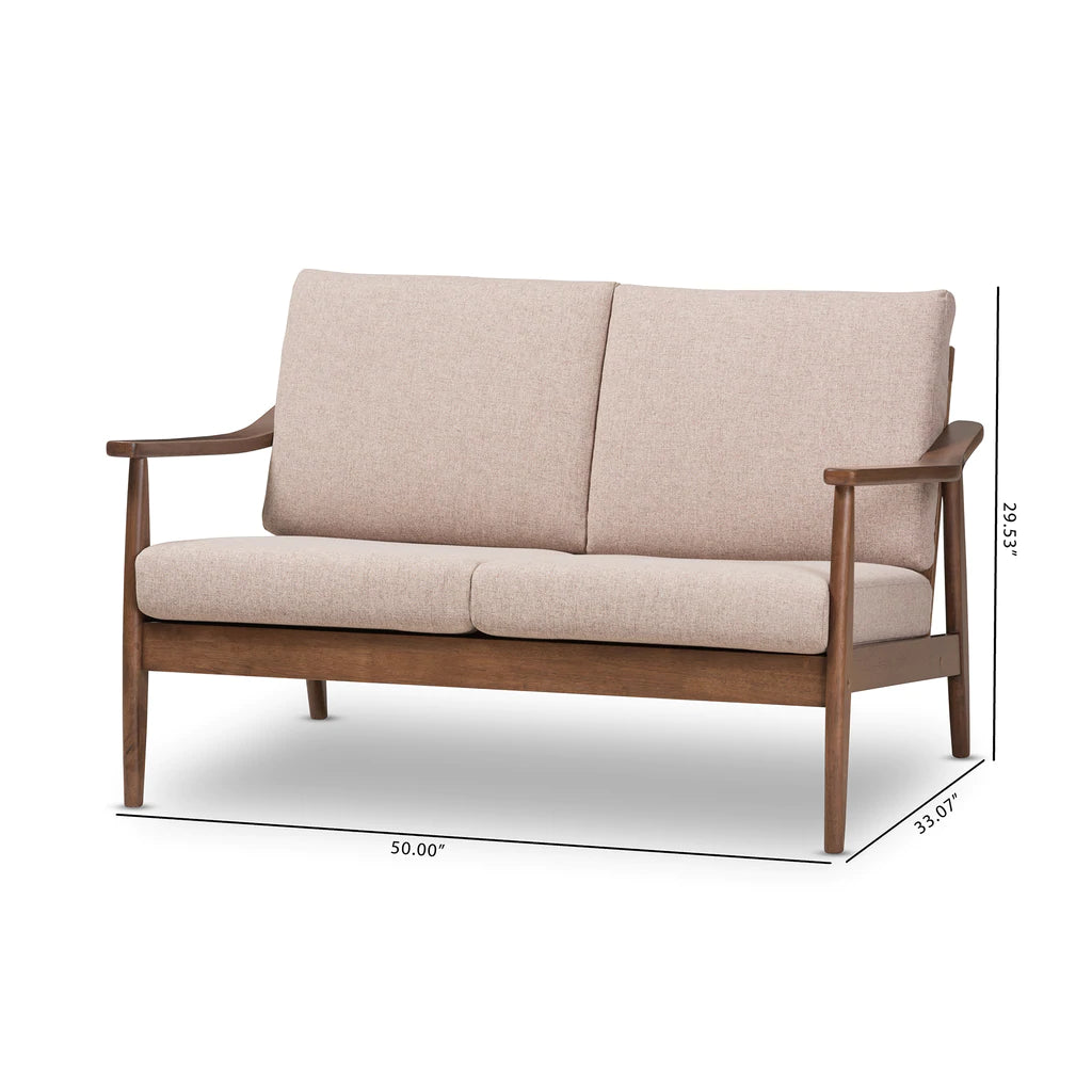 Baxton Studio Venza Mid-Century Modern Walnut Wood Light Brown Fabric Upholstered 2-Seater Loveseat | Loveseats | Modishstore - 3