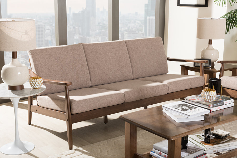 Baxton Studio Venza Mid-Century Modern Walnut Wood Light Brown Fabric Upholstered 3-Seater Sofa | Modishstore | Sofas