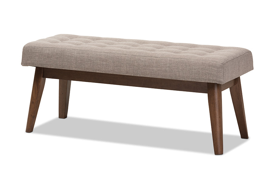 baxton studio elia mid century modern walnut wood light beige fabric button tufted bench | Modish Furniture Store-6