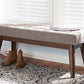 baxton studio elia mid century modern walnut wood light beige fabric button tufted bench | Modish Furniture Store-23