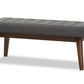 baxton studio elia mid century modern walnut wood light beige fabric button tufted bench | Modish Furniture Store-13