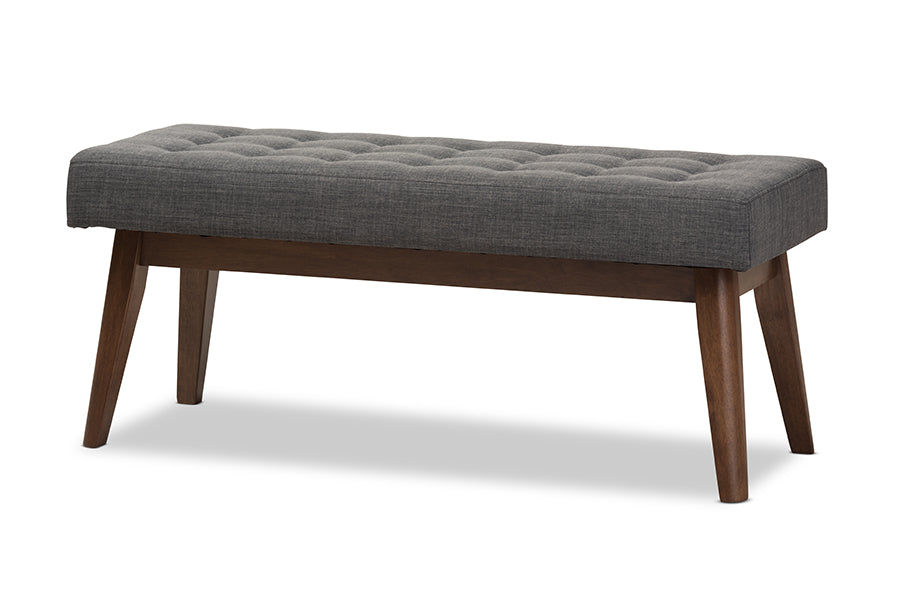 baxton studio elia mid century modern walnut wood light beige fabric button tufted bench | Modish Furniture Store-13