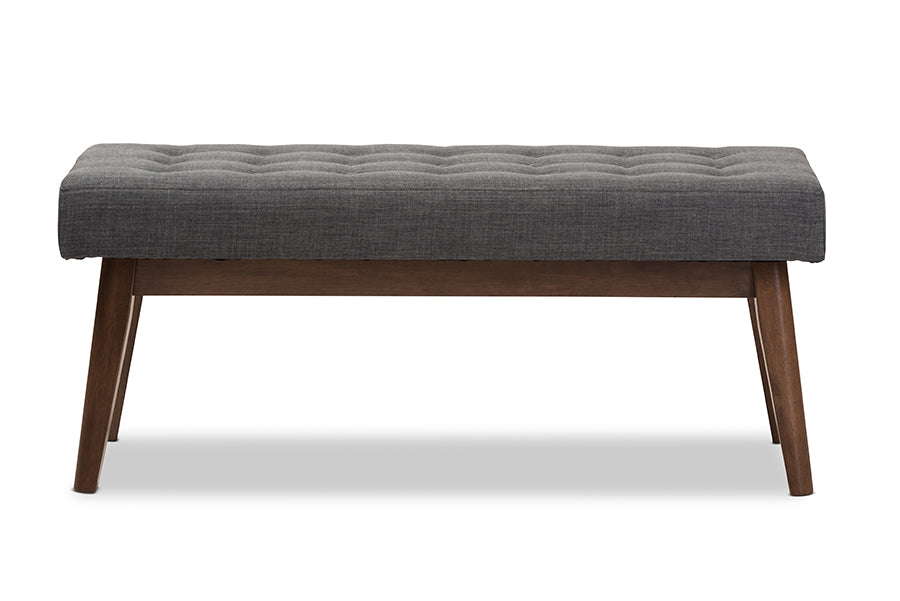 baxton studio elia mid century modern walnut wood light beige fabric button tufted bench | Modish Furniture Store-12