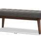baxton studio elia mid century modern walnut wood light beige fabric button tufted bench | Modish Furniture Store-14