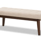 baxton studio elia mid century modern walnut wood light beige fabric button tufted bench | Modish Furniture Store-21