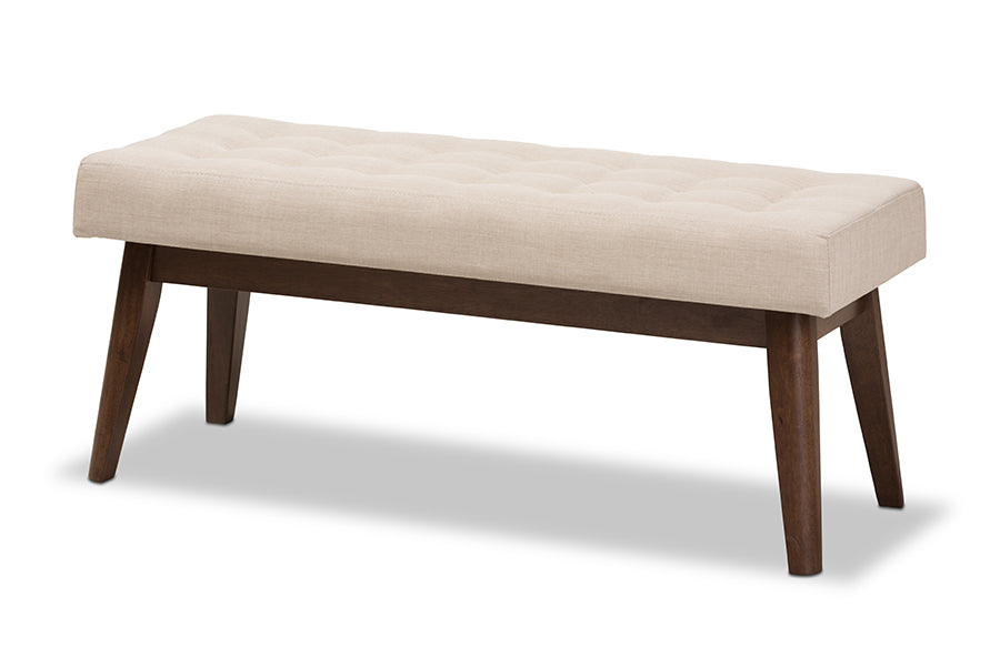 baxton studio elia mid century modern walnut wood light beige fabric button tufted bench | Modish Furniture Store-21
