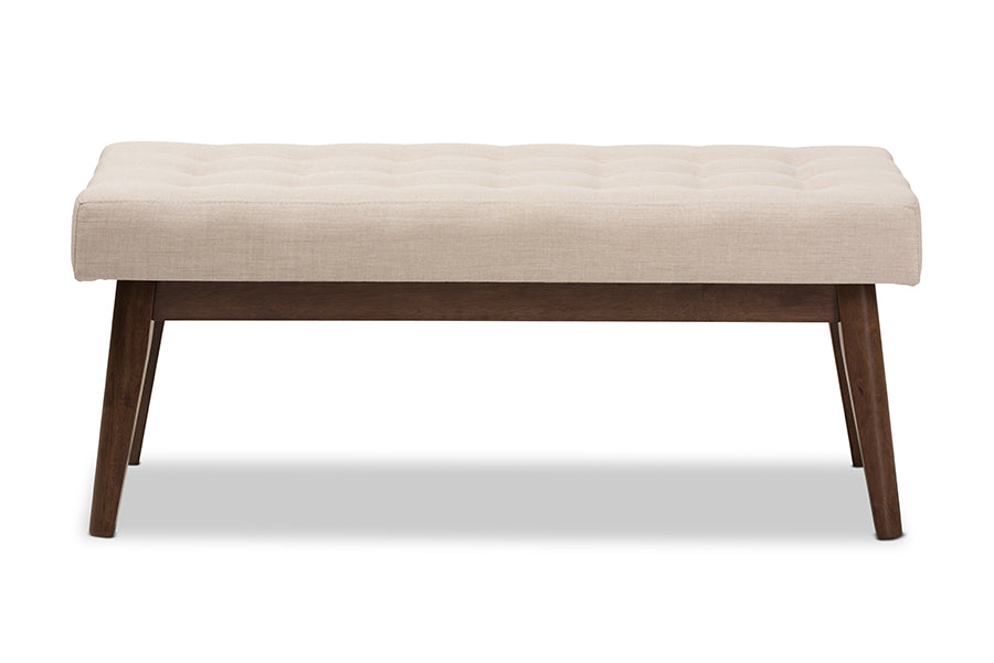 baxton studio elia mid century modern walnut wood light beige fabric button tufted bench | Modish Furniture Store-20