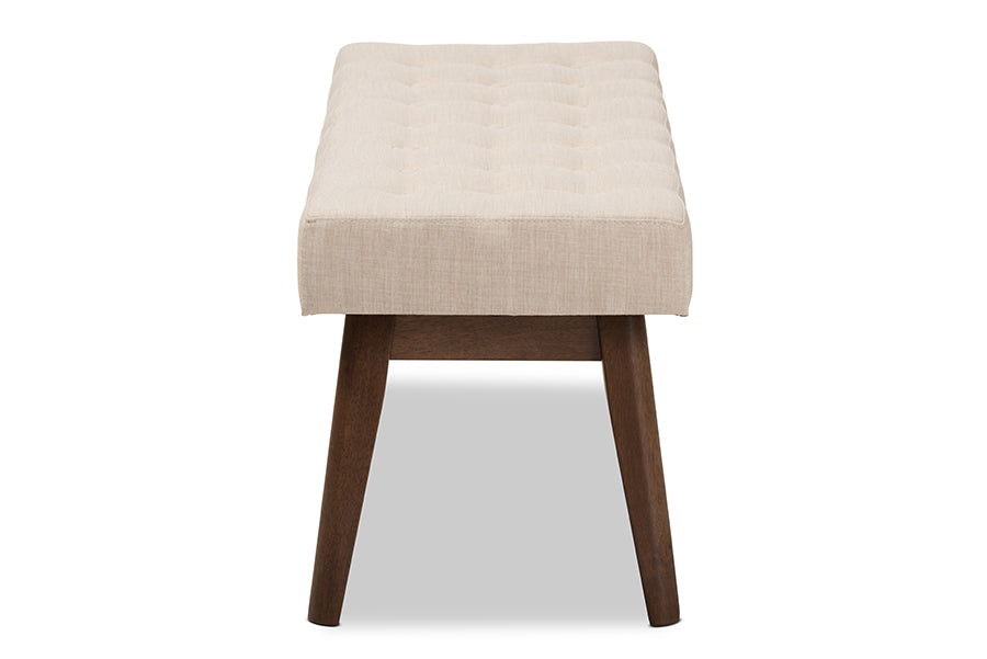 baxton studio elia mid century modern walnut wood light beige fabric button tufted bench | Modish Furniture Store-19