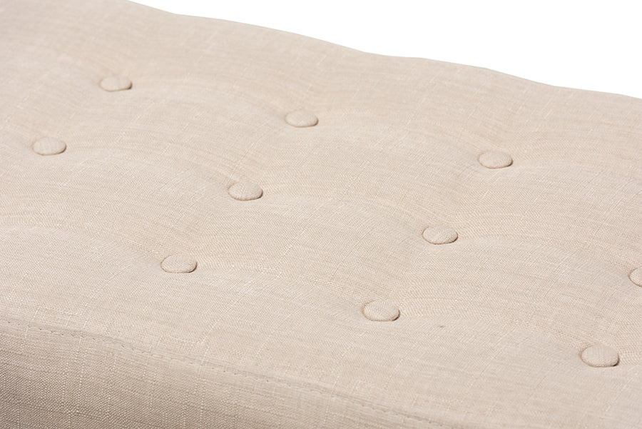 baxton studio elia mid century modern walnut wood light beige fabric button tufted bench | Modish Furniture Store-18