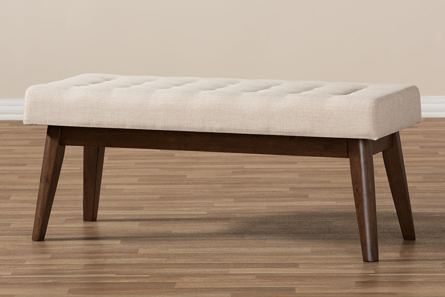 baxton studio elia mid century modern walnut wood light beige fabric button tufted bench | Modish Furniture Store-16