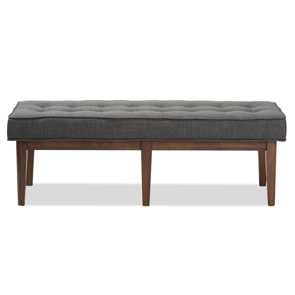Baxton Studio Lucca Mid-Century Modern Walnut Wood Dark Grey Fabric Button-Tufted Bench | Benches | Modishstore - 3