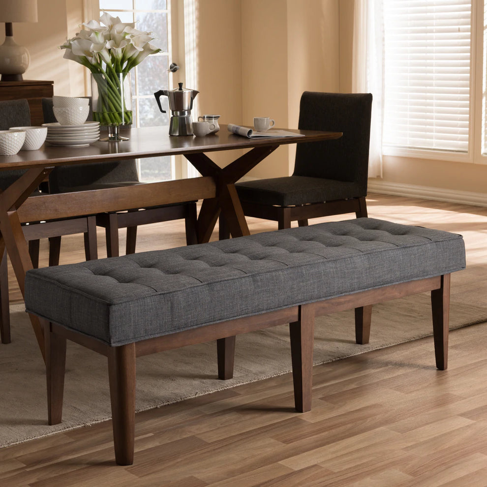 Baxton Studio Lucca Mid-Century Modern Walnut Wood Dark Grey Fabric Button-Tufted Bench | Benches | Modishstore