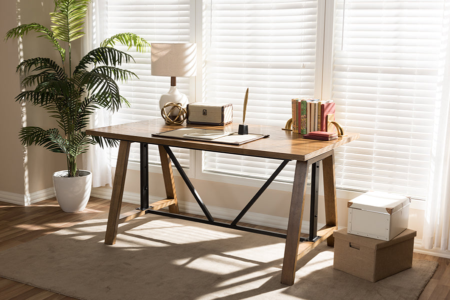 baxton studio nico rustic industrial metal and distressed wood adjustable height work table | Modish Furniture Store-3