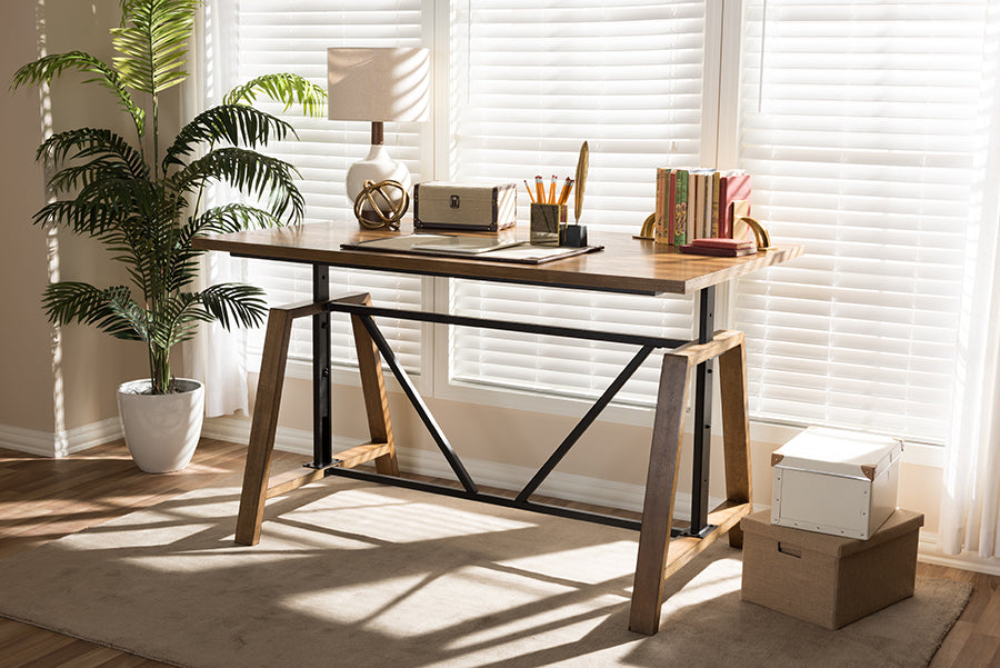 baxton studio nico rustic industrial metal and distressed wood adjustable height work table | Modish Furniture Store-4