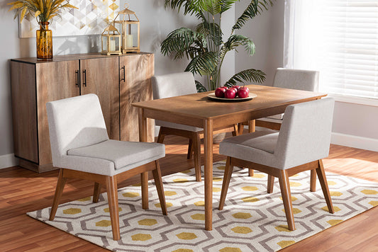 Baxton Studio Nexus Mid-Century Modern Greyish Beige Fabric Upholstered and Walnut Brown Finished Wood 5-Piece Dining Set | Dining Sets | Modishstore