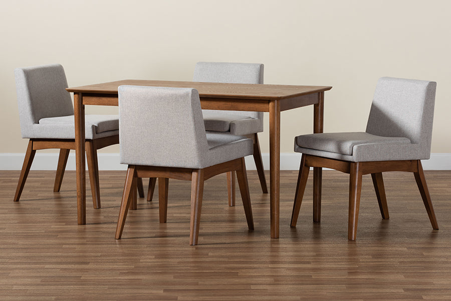 Baxton Studio Nexus Mid-Century Modern Greyish Beige Fabric Upholstered and Walnut Brown Finished Wood 5-Piece Dining Set | Dining Sets | Modishstore - 3