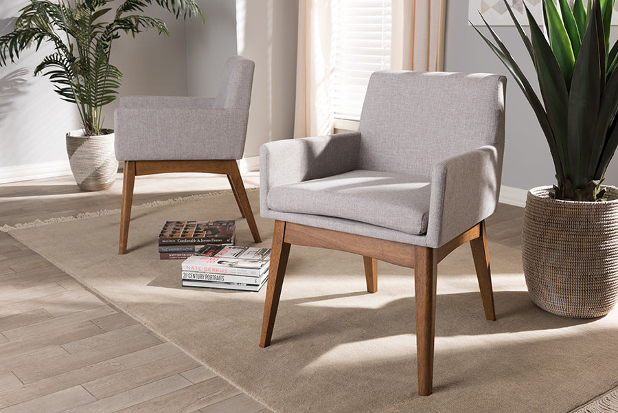 Baxton Studio Dorina Mid-Century Modern Greyish Beige Fabric Upholstered and Walnut Brown Finished Wood 5-Piece Dining Set | Dining Sets | Modishstore