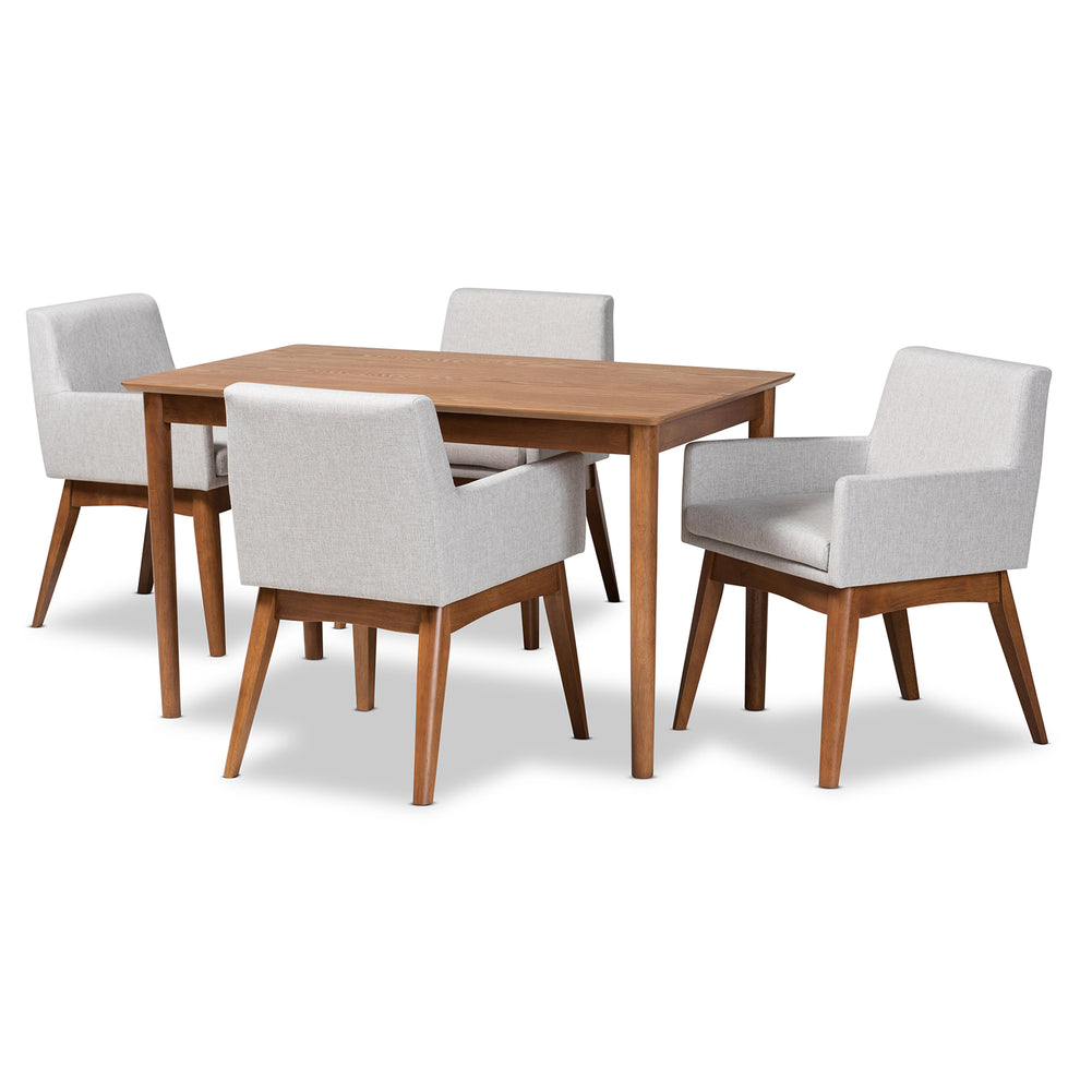 Baxton Studio Dorina Mid-Century Modern Greyish Beige Fabric Upholstered and Walnut Brown Finished Wood 5-Piece Dining Set | Dining Sets | Modishstore - 2