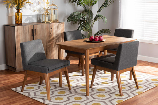 Baxton Studio Nexus Mid-Century Modern Dark Grey Fabric Upholstered and Walnut Brown Finished Wood 5-Piece Dining Set | Dining Sets | Modishstore