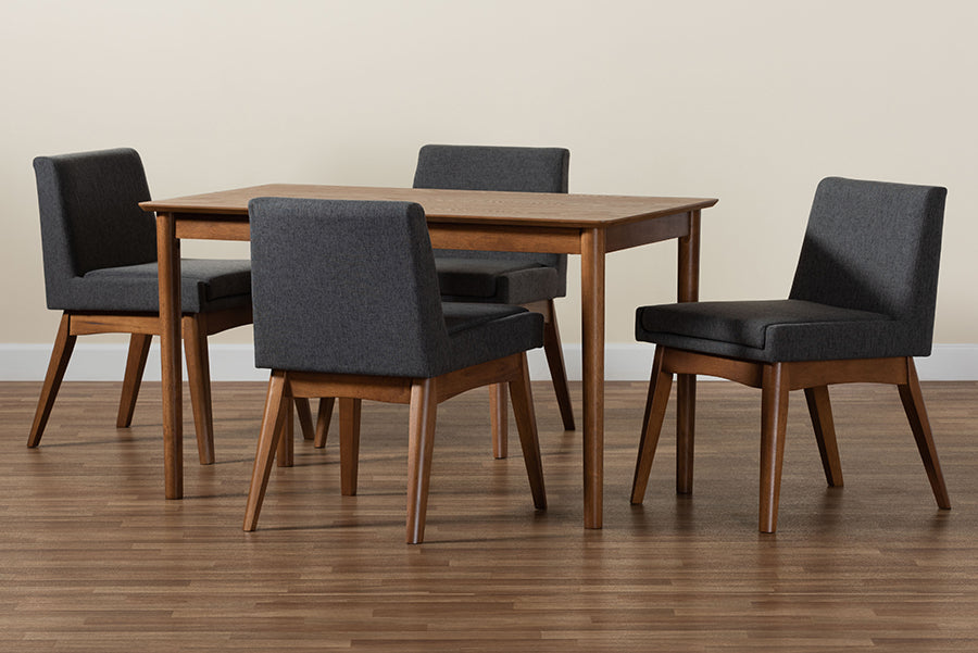 Baxton Studio Nexus Mid-Century Modern Dark Grey Fabric Upholstered and Walnut Brown Finished Wood 5-Piece Dining Set | Dining Sets | Modishstore - 3